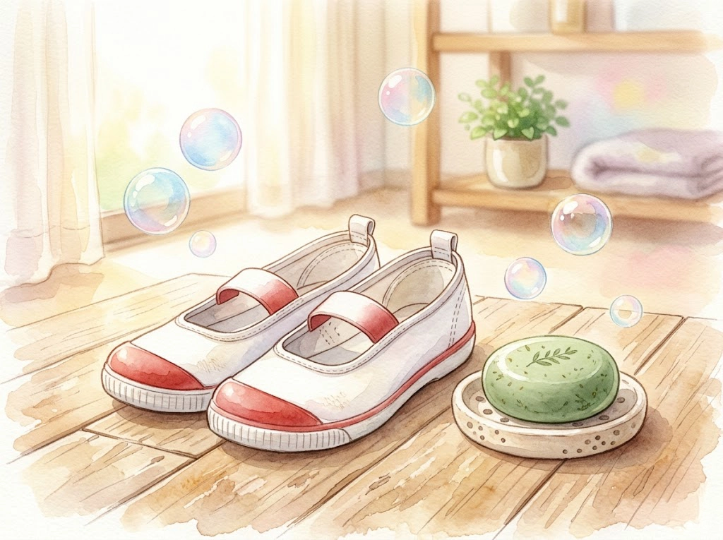 ウタマロ石鹸と白い上履きの水彩風イラスト