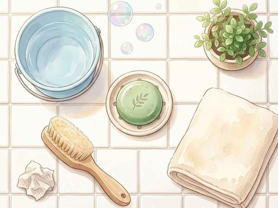 上履き洗いに必要な道具一式を俯瞰で並べたイラスト