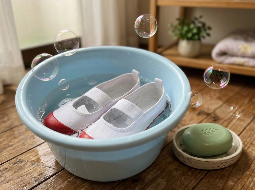 バケツのぬるま湯に白い上履きをつけおきしている様子