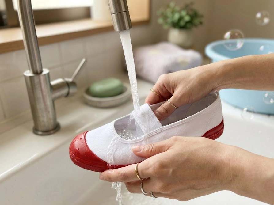 流水で上履きを丁寧にすすいでいる手元の様子