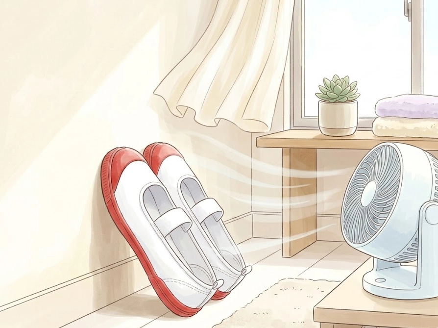 風通しの良い日陰で上履きを斜めに立てかけて乾かしているイラスト