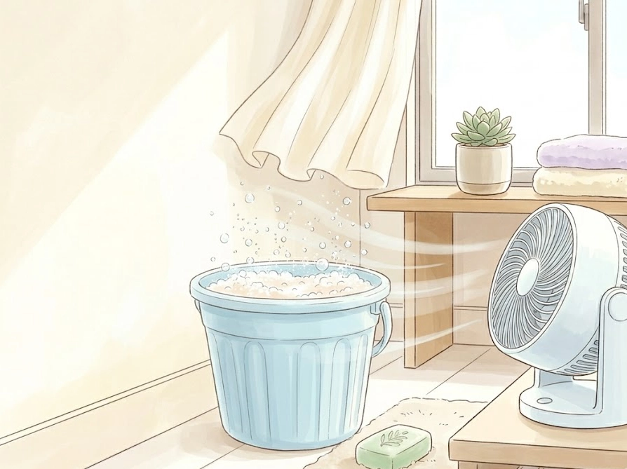 オキシクリーンのお湯とウタマロ石鹸を組み合わせた応用テクニックのイラスト