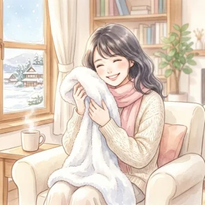 冬の暖かい部屋でふわふわに乾いた洗濯物を手に微笑む女性のイラスト
