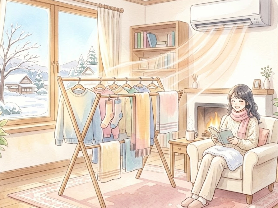 エアコン暖房の温風が洗濯物に当たっている冬のリビングのイラスト