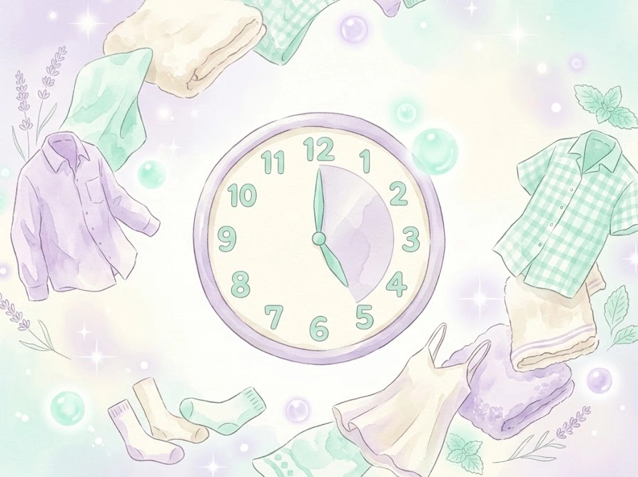 5時間以内の乾燥ルールをイメージした時計と清潔な洗濯物のイラスト