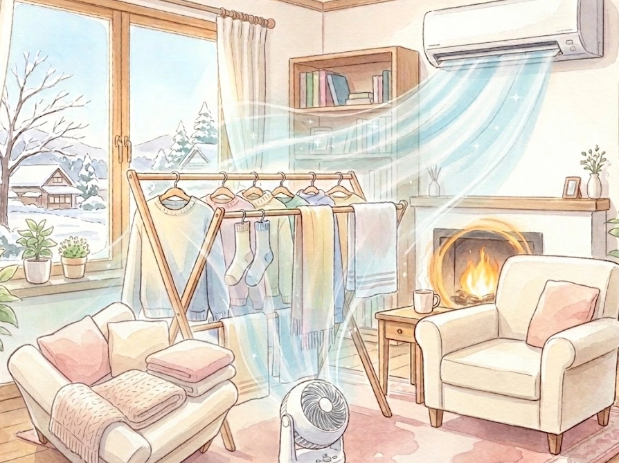 サーキュレーターを洗濯物の下に置いて風を循環させている様子のイラスト
