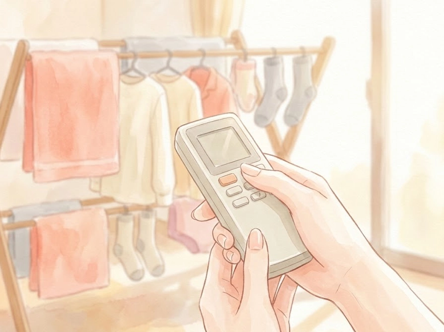 エアコンのリモコンを操作する女性の手元と背景の部屋干しのイラスト