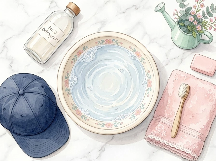 ニューエラキャップの手洗い準備アイテムを俯瞰で並べたイラスト