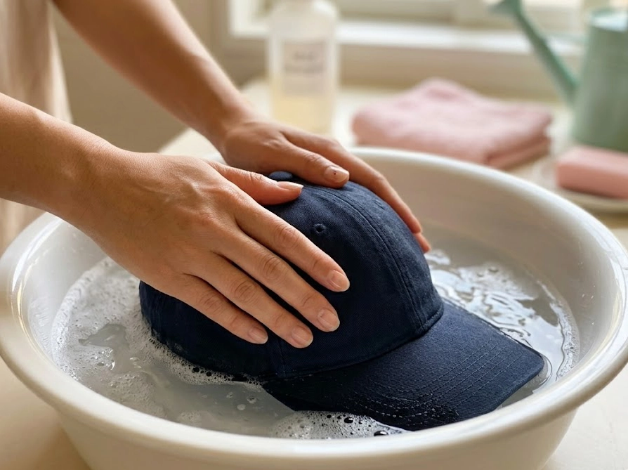 洗面器のぬるま湯でニューエラキャップを優しく押し洗いしている手元