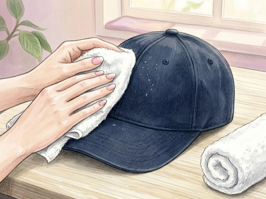 洗い上がったキャップをタオルで優しく水気を取るイラスト