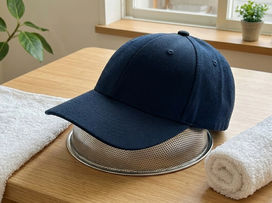 ザルを逆さにしてニューエラキャップを被せて型崩れを防ぎながら干す様子