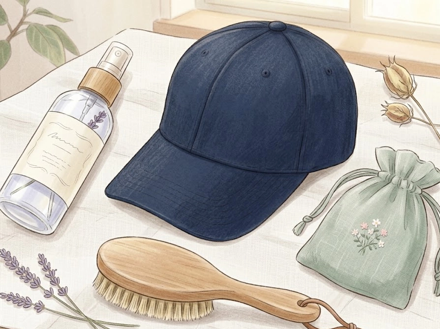 キャップ用ケアスプレーやブラシなどお手入れアイテムのフラットレイイラスト