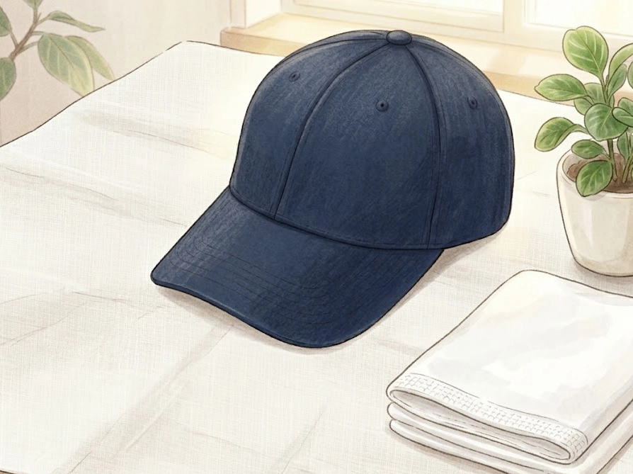 お手入れ後にピカピカになったニューエラキャップが窓辺に置かれた爽やかなイラスト