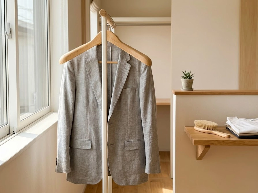 風通しの良い部屋で陰干し中の感動ジャケットと洋服ブラシによる日常ケアの様子