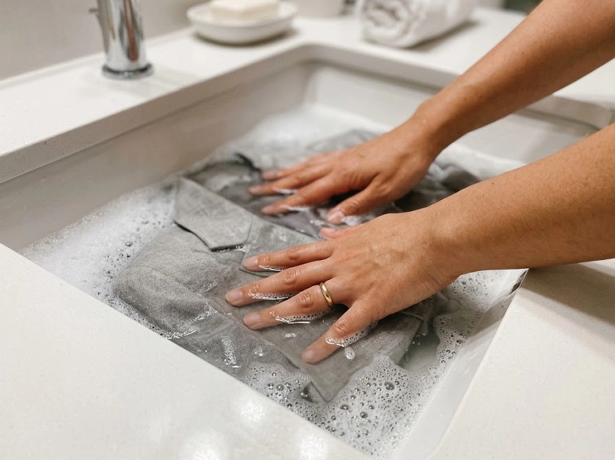 感動ジャケットをタライのぬるま湯で優しく押し洗いしている手元の様子