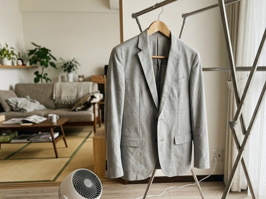 厚みのあるハンガーで室内陰干し中の感動ジャケットとサーキュレーター