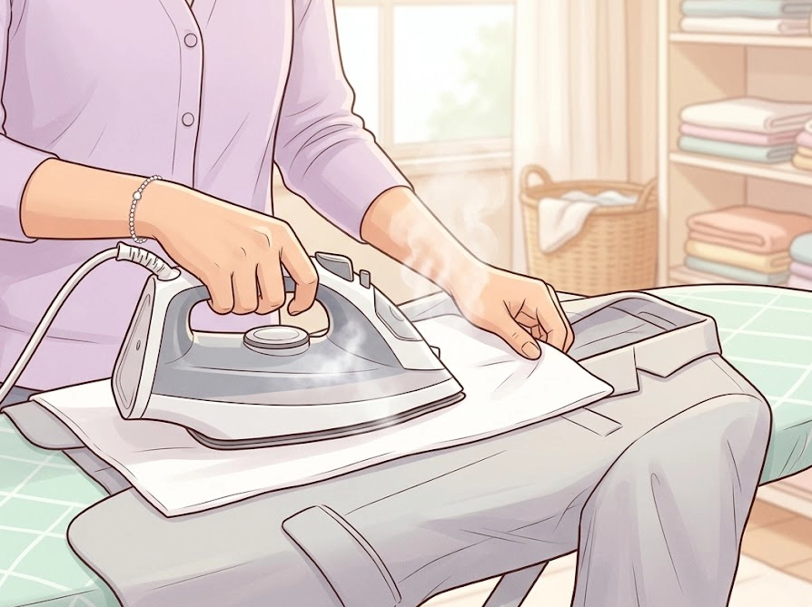あて布を使って感動ジャケットに低温アイロンを優しくかけている様子