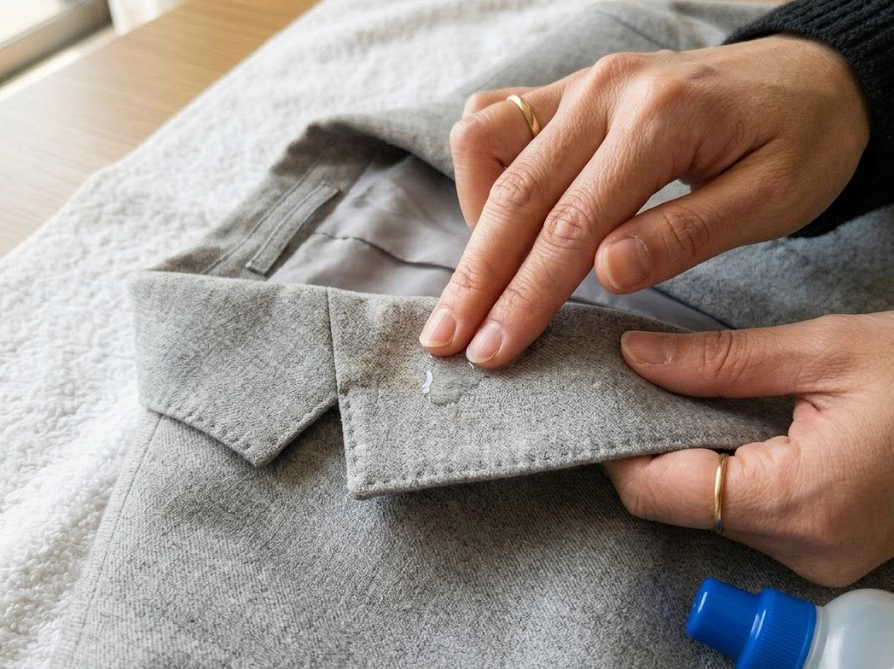 感動ジャケットの襟元の皮脂汚れに中性洗剤を優しく塗布する部分洗いの手元