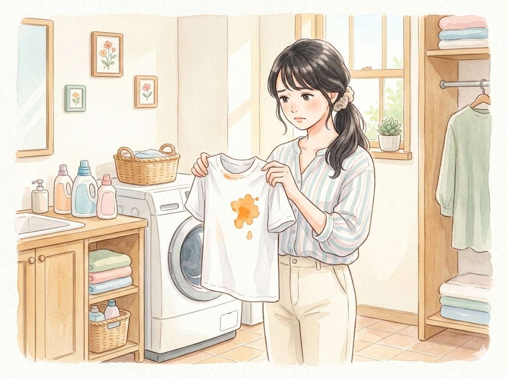 オレンジ色のシミがついた白いシャツを見て困っている女性のイラスト