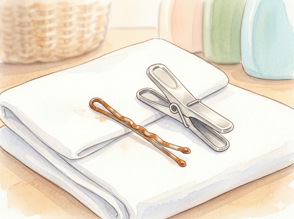 もらいサビの原因となるヘアピンと清潔な洗濯バサミの対比イラスト