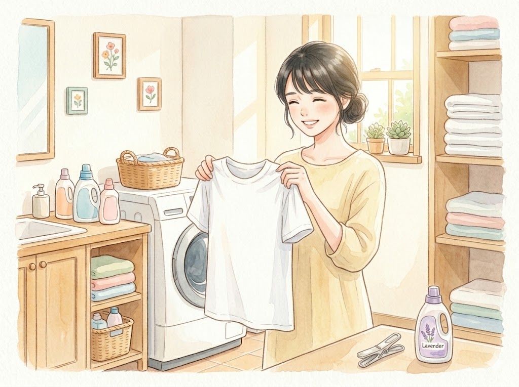 オレンジ色のシミが落ちて真っ白になったシャツを笑顔で持つ女性のイラスト