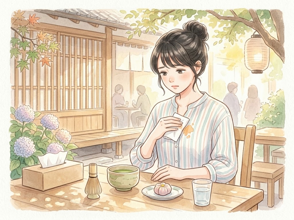 外出先のカフェで服についたシミをティッシュで応急処置する女性のイラスト