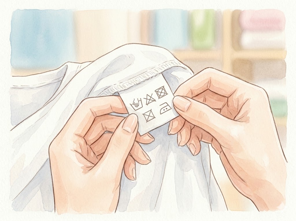 衣類を傷めないために洗濯表示タグを優しく確認している手元のイラスト