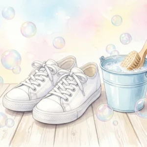 白いコンバーススニーカーと洗濯道具の水彩イラスト