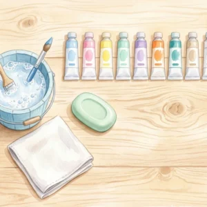 絵の具チューブと石鹸やバケツなど洗濯アイテムが並ぶパステル調のイラスト