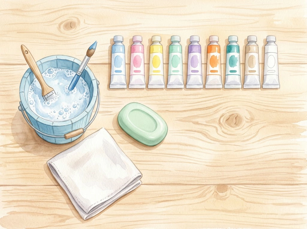 絵の具チューブと石鹸やバケツなど洗濯アイテムが並ぶパステル調のイラスト