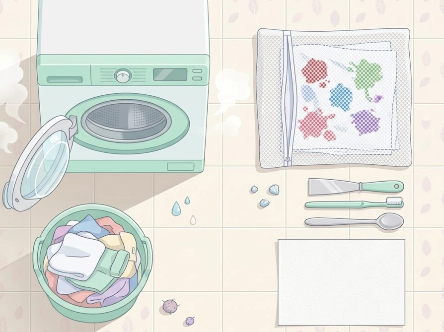 洗濯機と洗濯ネットや色移り防止シートなどトラブル防止アイテムのイラスト