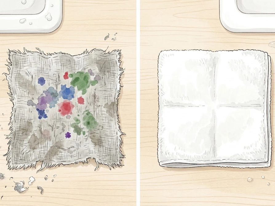 使い古した布と新品の白い布を並べて比較したイラスト