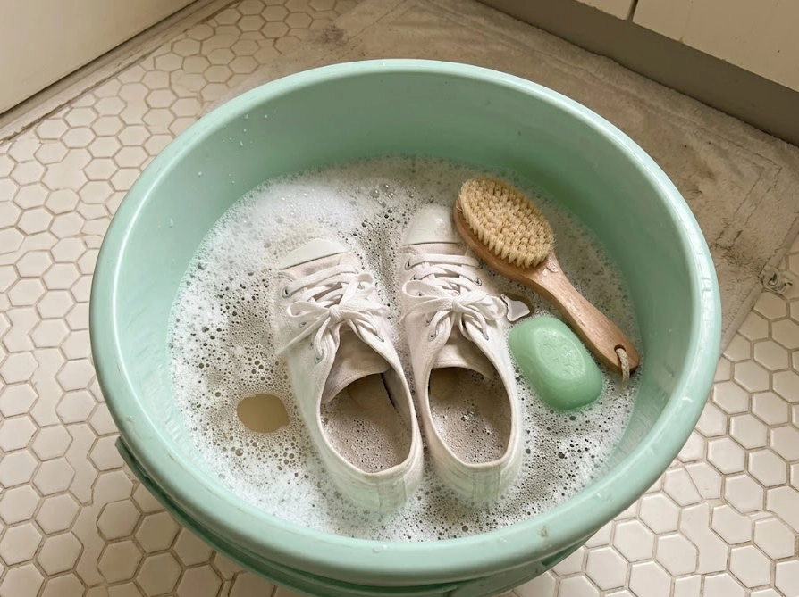 バケツでウタマロ石鹸のつけおき洗いをしている靴の様子