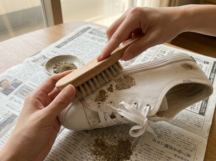 キャンバススニーカーの乾いた泥をブラシで払い落とす手元の様子