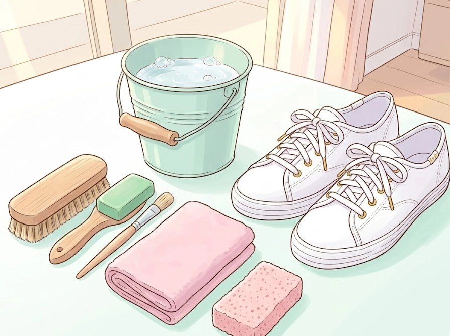 靴洗いに必要な道具一式のイラスト｜ウタマロ石鹸・ブラシ・バケツ