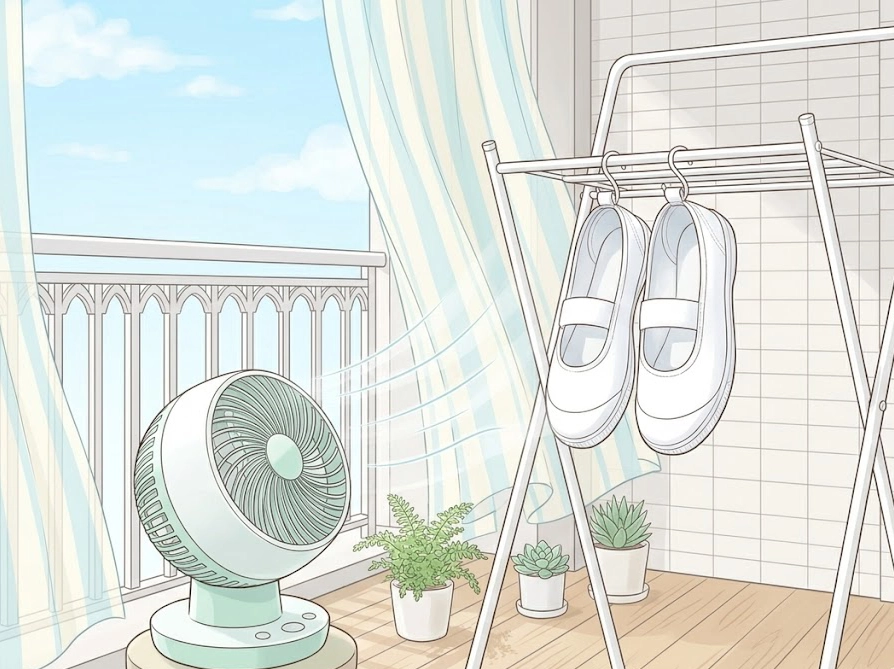 風通しの良い日陰で靴を乾燥させているイラスト｜速乾テクニック