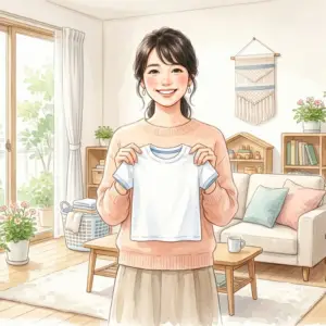 ブルーベリーのシミが落ちた真っ白な子供服を持って笑顔で喜ぶ女性