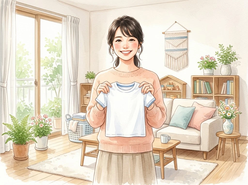 ブルーベリーのシミが落ちた真っ白な子供服を持って笑顔で喜ぶ女性