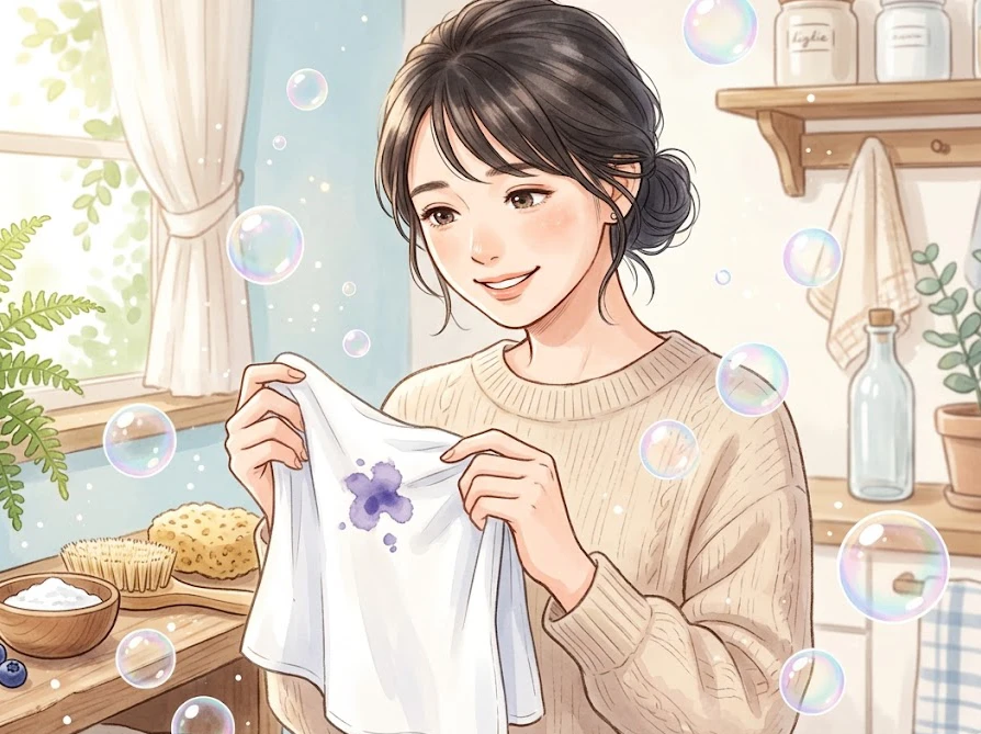 衣類についたブルーベリーの頑固なシミと染み抜き用の掃除道具をテーブルで見つめる女性