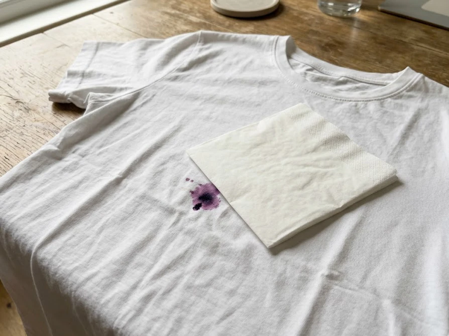 テーブルの上に置かれた服のシミに乾いたティッシュを優しく当てて水分を吸い取る様子