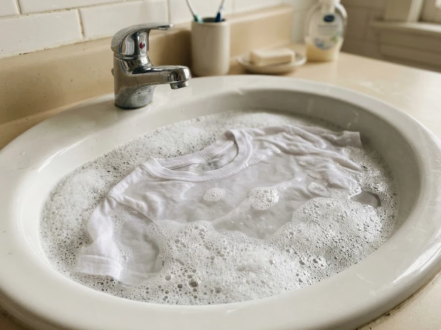 洗面器に張った温かいお湯とたっぷりの泡の中で汚れた衣類をつけ置き洗いしている様子