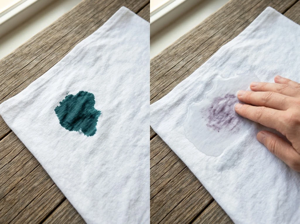 アルカリ性成分に反応して緑色に変色したシミと酸性成分で本来の赤紫色に戻ったシミ