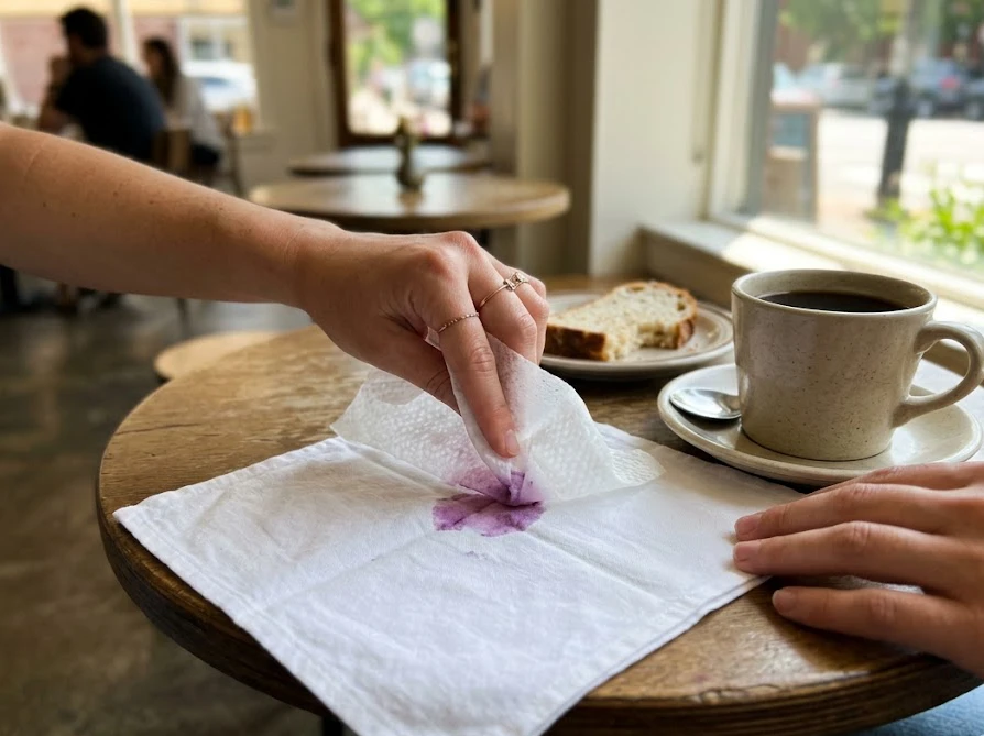 カフェのテーブルで服についたシミを濡らしたおしぼりで優しく押さえて応急処置をする様子