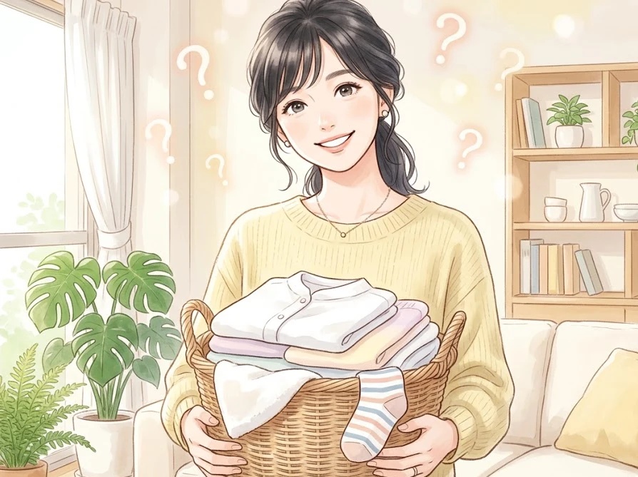 洗濯かごを持ちながらブルーベリーの染み抜きに関する疑問を優しく思い浮かべる女性