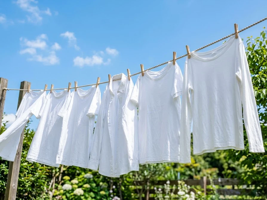 染み抜きが完了して青空の下で気持ちよく風に揺らめく真っ白で清潔なシャツ