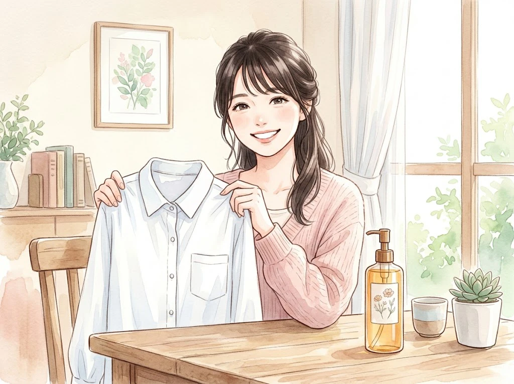 クレンジングオイルで綺麗になった服を手に持って喜ぶ女性