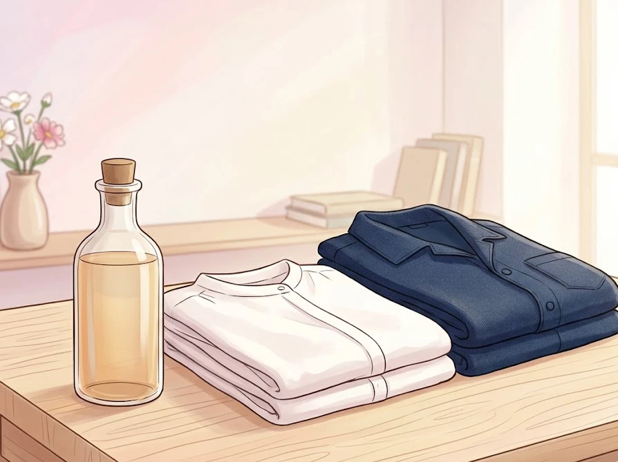 クレンジングオイルと綺麗に畳まれたブラウスや作業着