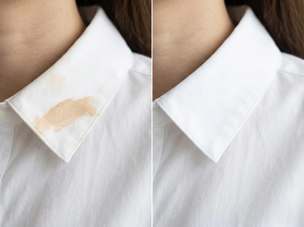ブラウスの襟元についたファンデーション汚れが綺麗に落ちた様子の比較