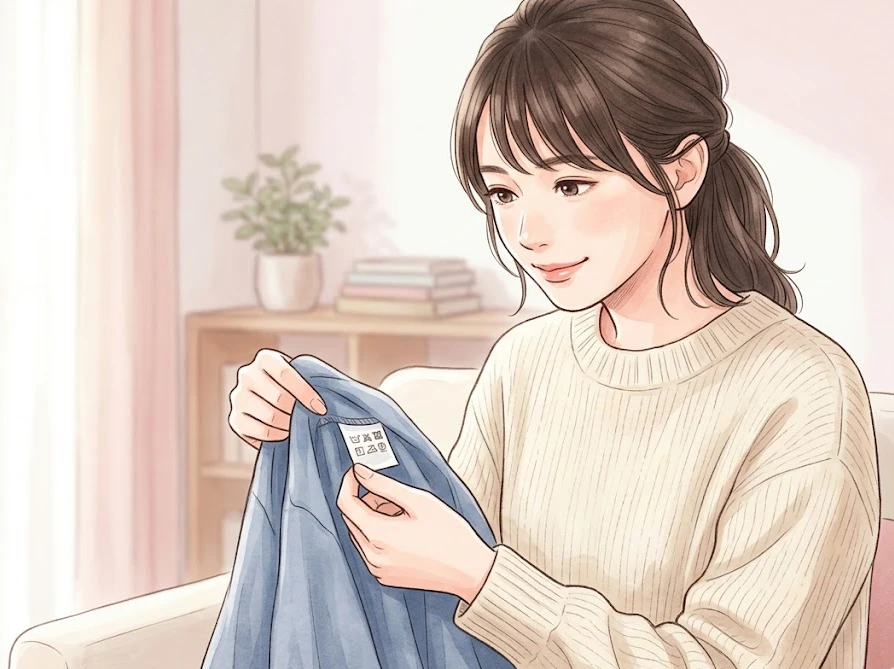 失敗を防ぐために服の洗濯表示タグを事前に確認する女性