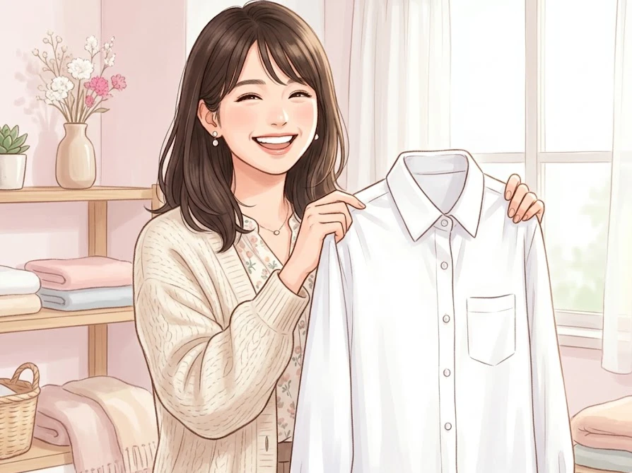 染み抜きが成功して綺麗になった真っ白な服を抱きしめて笑顔の女性